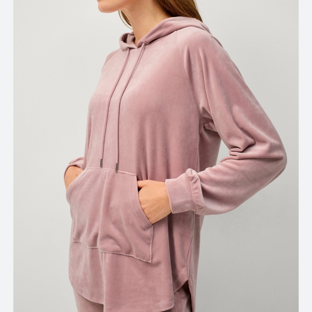 Donna Karan Dusty Rose Pink Velvet Plush Hoodie Pajama Top Ultimate Loungewear